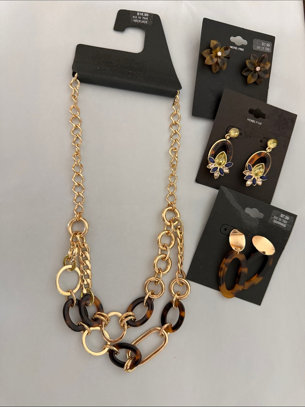 Gold-tone & Tortoiseshell Link Necklace and (3) sets of earrings